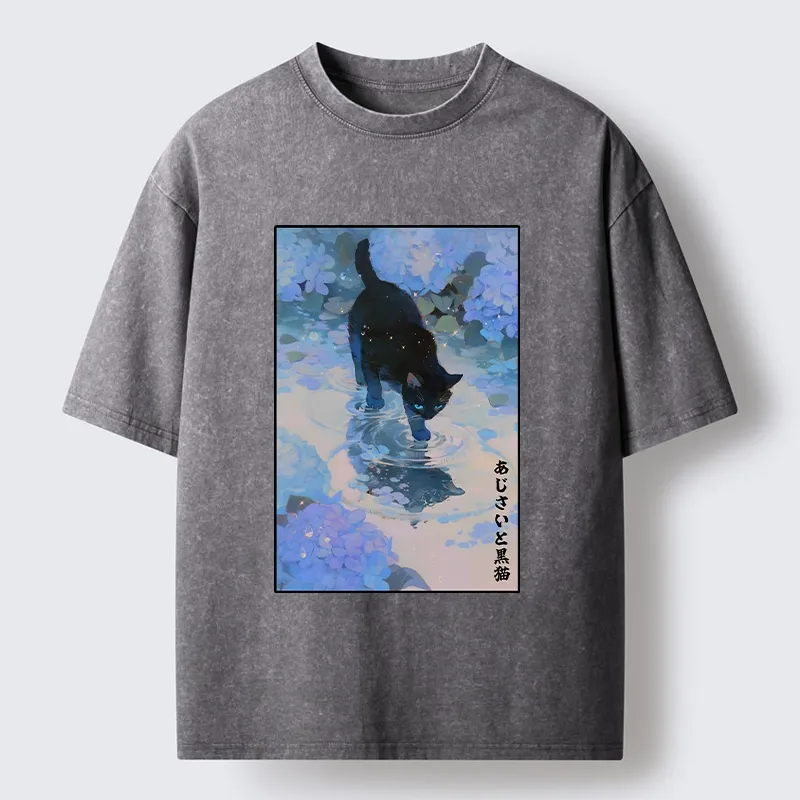 Tokyo-Tiger Midnight Cat In The Blue Rain Washed T-Shirt