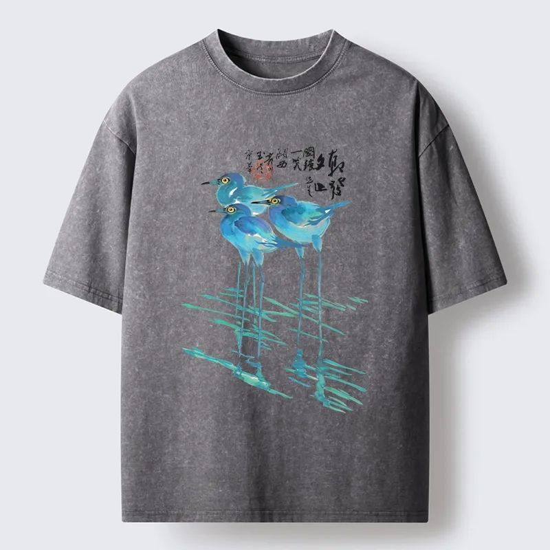 Tokyo-Tiger Watercolor Herons In Reeds Washed T-Shirt