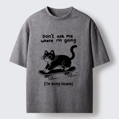 Tokyo-Tiger Black Cat Skating Away From Sanity Washed T-Shirt