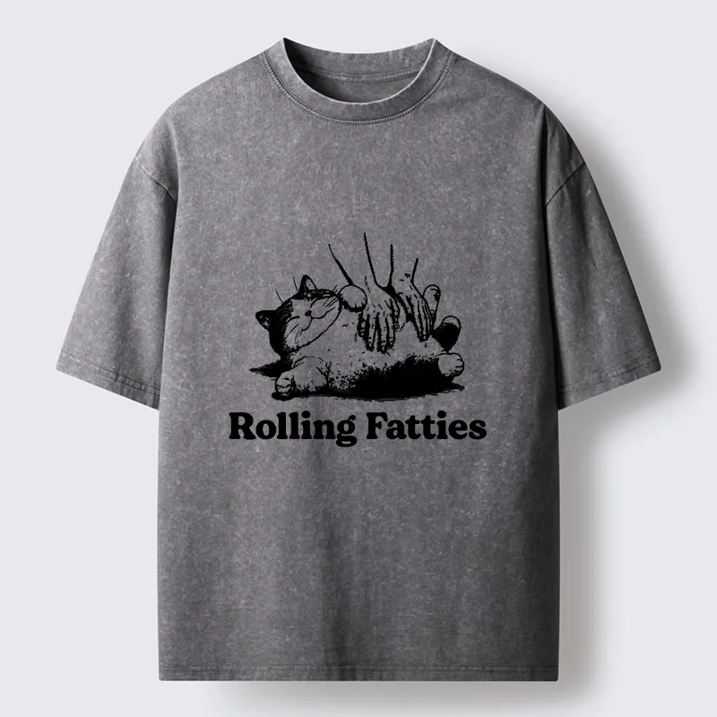 Tokyo-Tiger Rolling Fatties Cat Massage Meme Washed T-Shirt