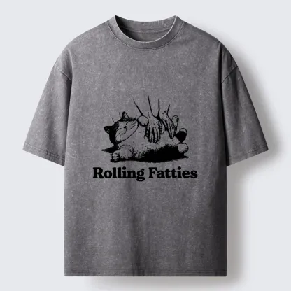 Tokyo-Tiger Rolling Fatties Cat Massage Meme Washed T-Shirt