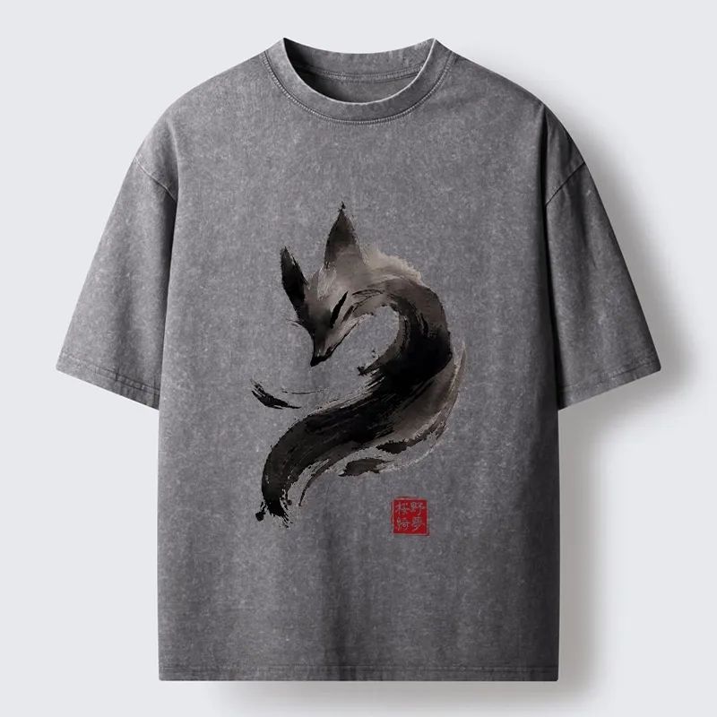 Tokyo-Tiger Japanese Ink Wash Fox Art Washed T-Shirt