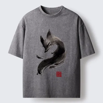 Tokyo-Tiger Japanese Ink Wash Fox Art Washed T-Shirt
