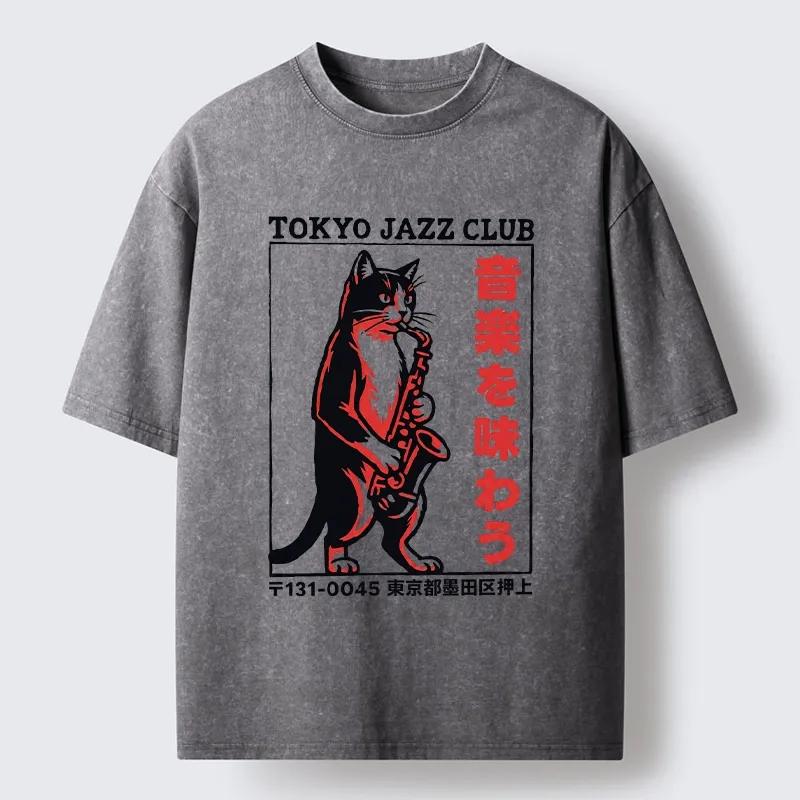 Tokyo-Tiger Retro Jazz Cat Poster Washed T-Shirt