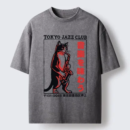 Tokyo-Tiger Retro Jazz Cat Poster Washed T-Shirt