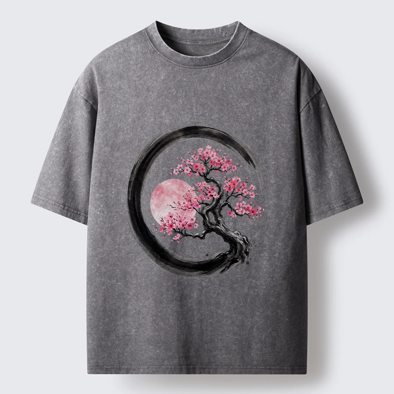 Tokyo-Tiger Zen Sakura Tree With Pink Moon Washed T-Shirt