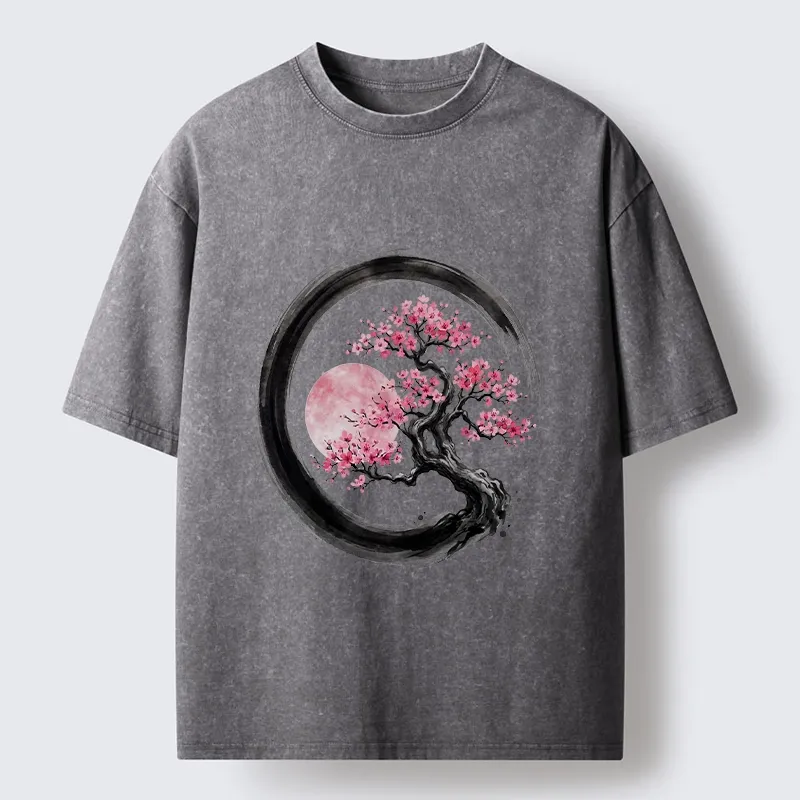 Tokyo-Tiger Zen Sakura Tree With Pink Moon Washed T-Shirt