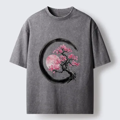 Tokyo-Tiger Zen Sakura Tree With Pink Moon Washed T-Shirt