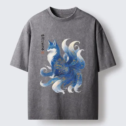 Tokyo-Tiger Serene Fox In Japanese Ink Style Washed T-Shirt
