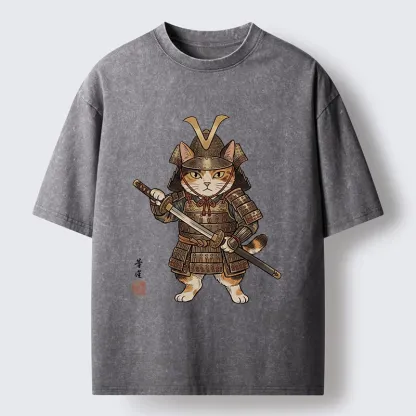 Tokyo-Tiger Samurai Cat With Katana Sword Washed T-Shirt
