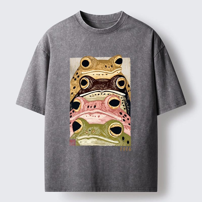 Tokyo-Tiger Whimsical Multi Colored Frog Art Washed T-Shirt