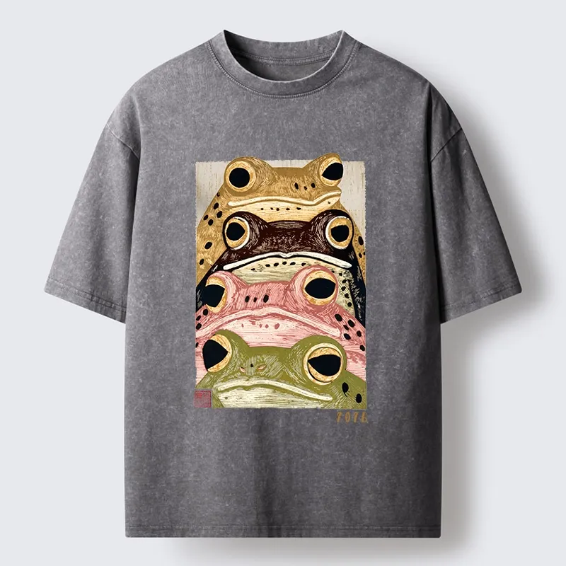 Tokyo-Tiger Whimsical Multi Colored Frog Art Washed T-Shirt