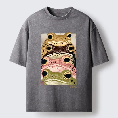 Tokyo-Tiger Whimsical Multi Colored Frog Art Washed T-Shirt