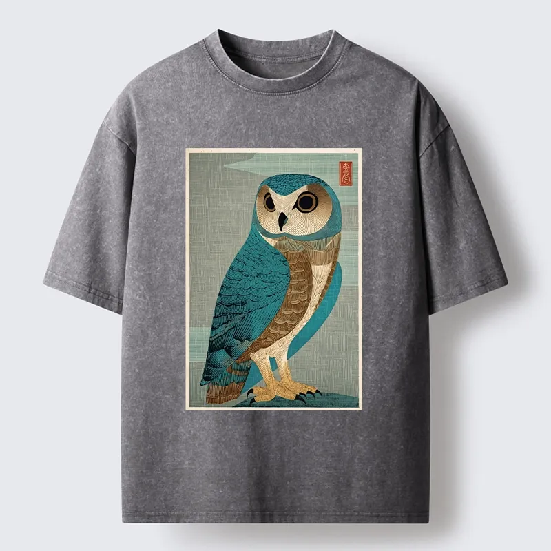 Tokyo-Tiger Vintage Owl Woodblock Art Washed T-Shirt