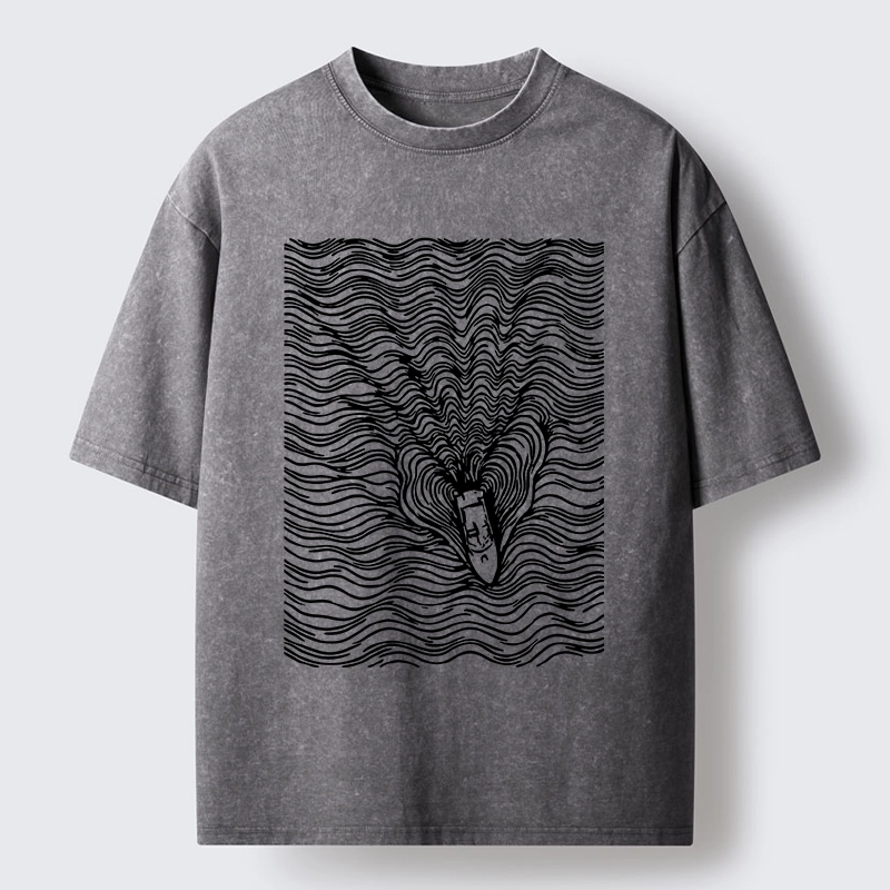 Tokyo-Tiger Line Art Boat On The Ocean Washed T-Shirt