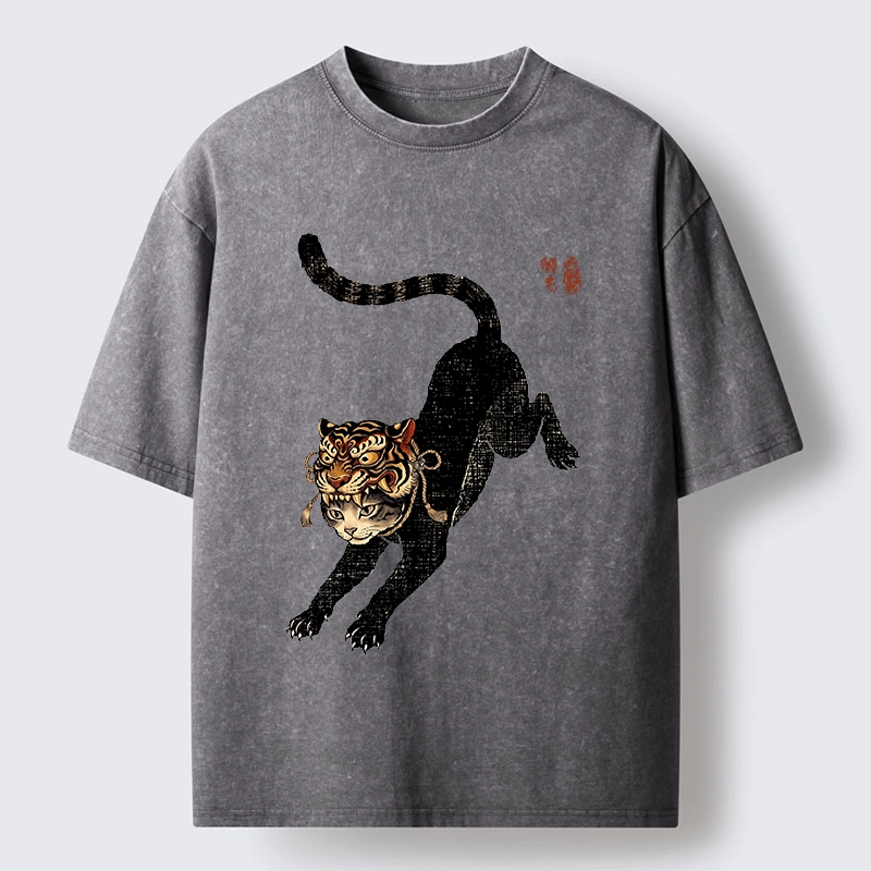 Tokyo-Tiger Cat With Tiger Mask Cool Art Washed T-Shirt