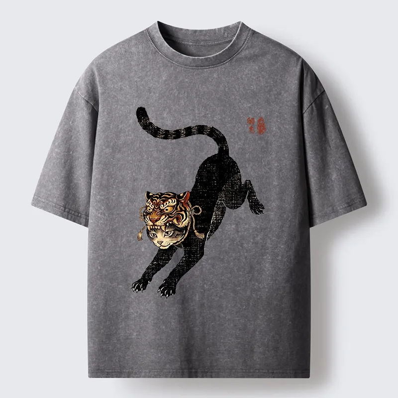 Tokyo-Tiger Cat With Tiger Mask Cool Art Washed T-Shirt
