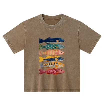 Tokyo-Tiger Colorful Fish Art Collection Kids Washed T-Shirt