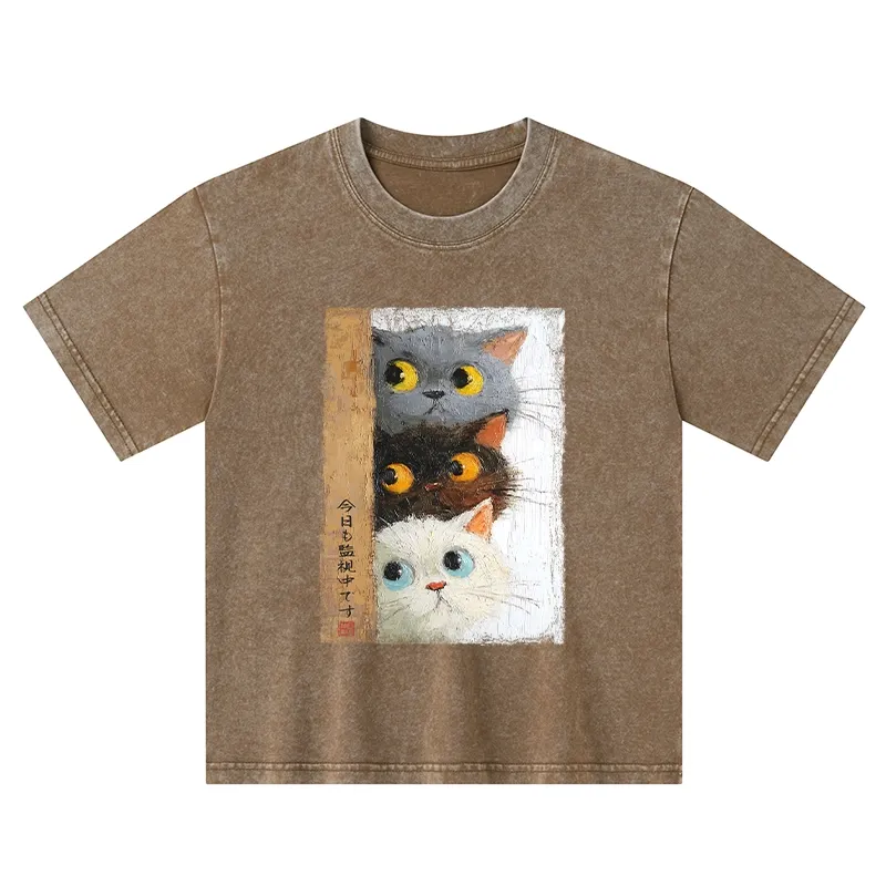Tokyo-Tiger Three Cute Cats Watch You Kids Washed T-Shirt