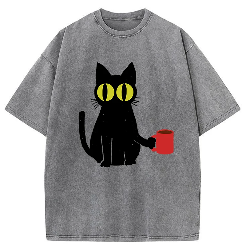 Tokyo-Tiger Cat Holding Coffee Washed T-Shirt