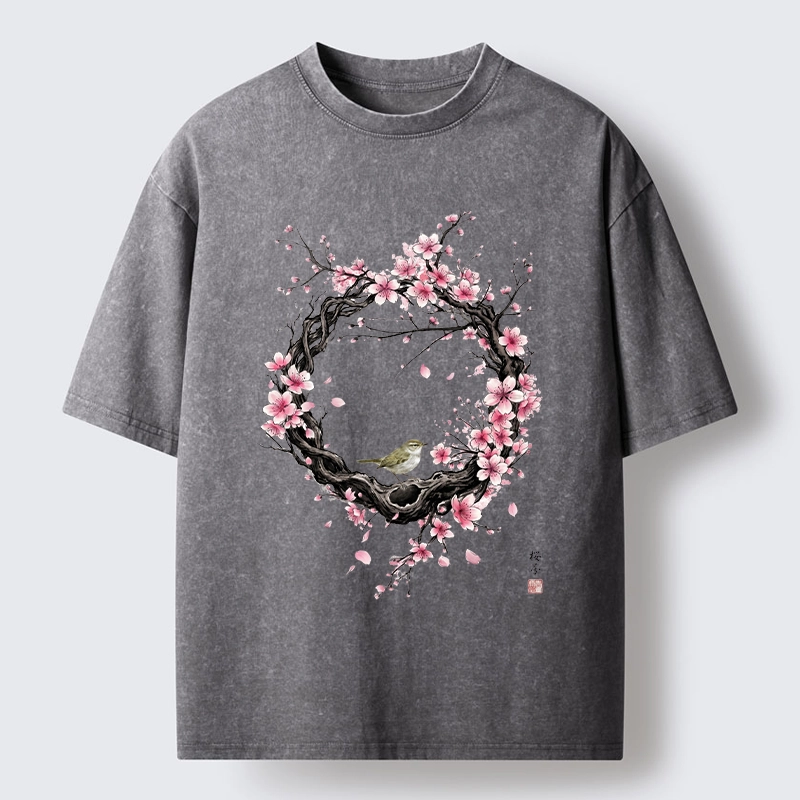 Tokyo-Tiger Sakura Wreath And Little Bird Washed T-Shirt