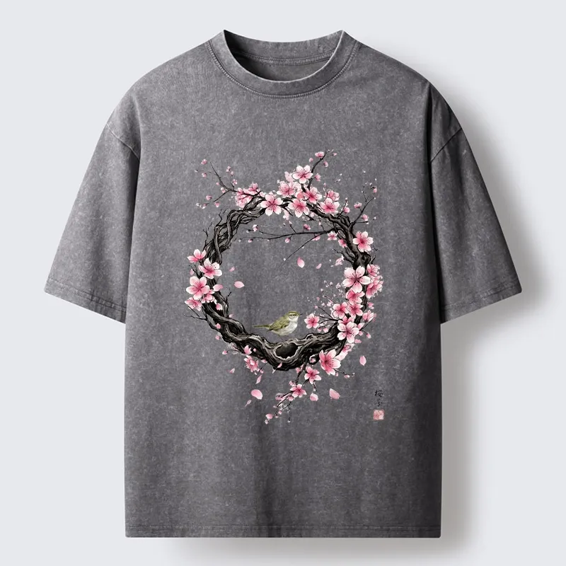 Tokyo-Tiger Sakura Wreath And Little Bird Washed T-Shirt