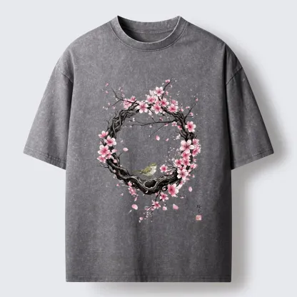 Tokyo-Tiger Sakura Wreath And Little Bird Washed T-Shirt