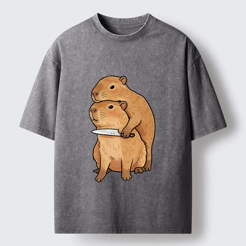 Tokyo-Tiger Capybara With Knife Funny Meme Washed T-Shirt