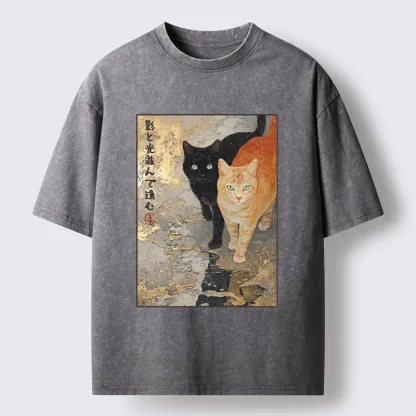 Tokyo-Tiger Japanese Gold Leaf Cat Print Meme Washed T-Shirt