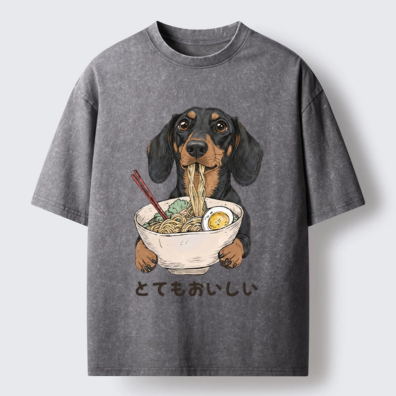 Tokyo-Tiger Cute Dog Eating Noodles Art Meme Washed T-Shirt