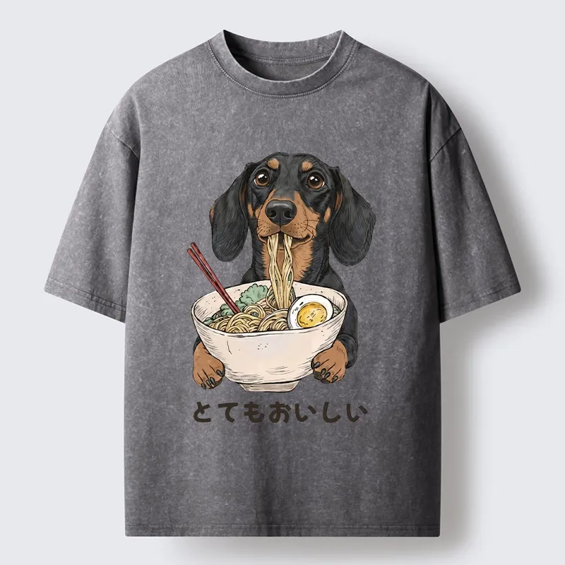 Tokyo-Tiger Cute Dog Eating Noodles Art Meme Washed T-Shirt