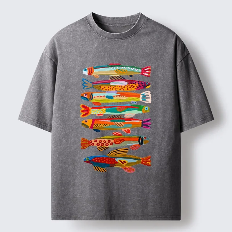 Tokyo-Tiger Colorful Fish Folk Art Print Washed T-Shirt