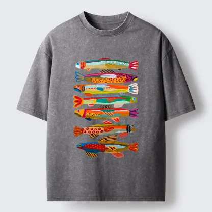 Tokyo-Tiger Colorful Fish Folk Art Print Washed T-Shirt