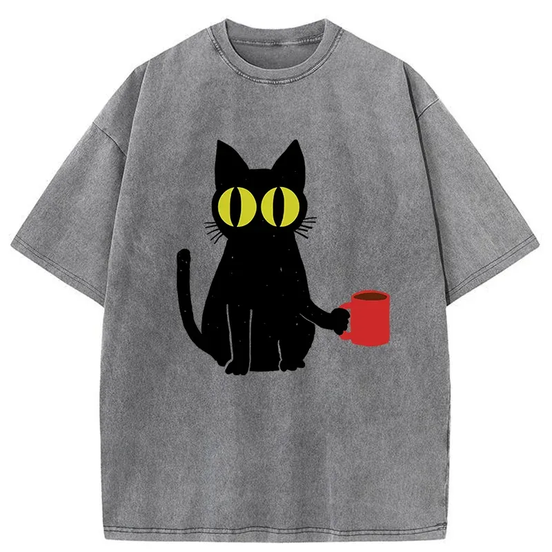 Tokyo-Tiger Cat Holding Coffee Washed T-Shirt