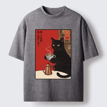 Tokyo-Tiger Cat Coffee Time Japanese Print Washed T-Shirt