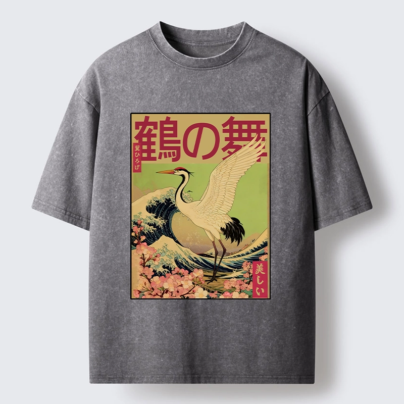 Tokyo-Tiger Japanese Crane And Wave Art Washed T-Shirt