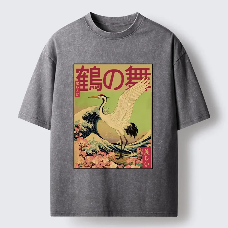 Tokyo-Tiger Japanese Crane And Wave Art Washed T-Shirt