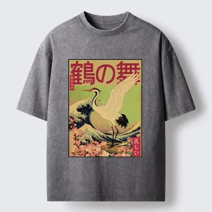 Tokyo-Tiger Japanese Crane And Wave Art Washed T-Shirt