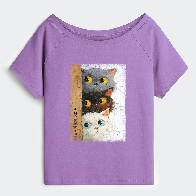 Tokyo-Tiger Three Cute Cats Watch You Off Shoulder T-Shirt
