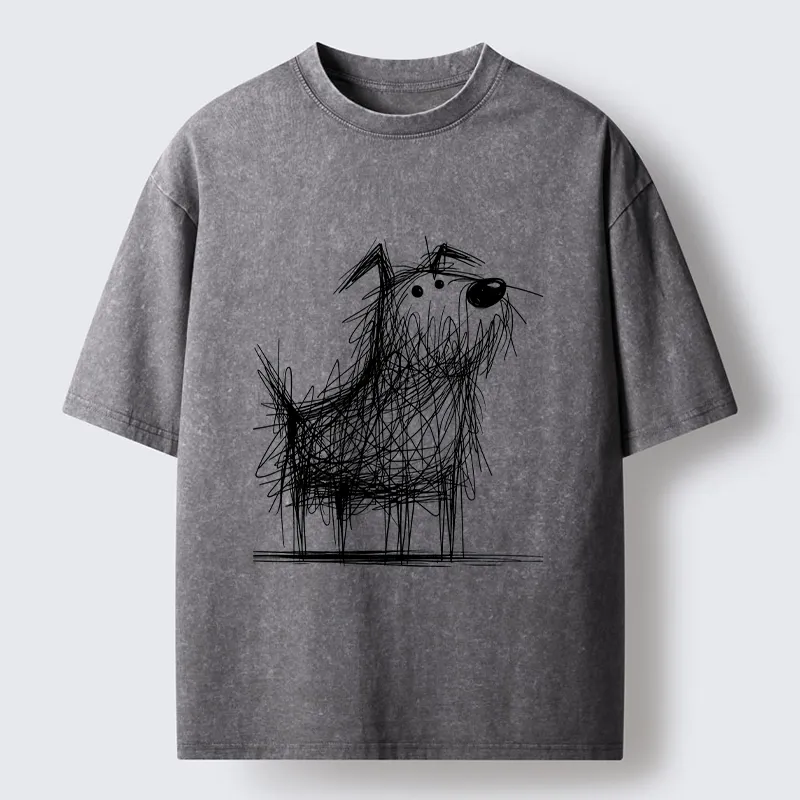 Tokyo-Tiger Cute Scrawled Dog Line Art Washed T-Shirt