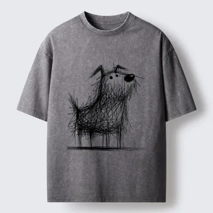 Tokyo-Tiger Cute Scrawled Dog Line Art Washed T-Shirt