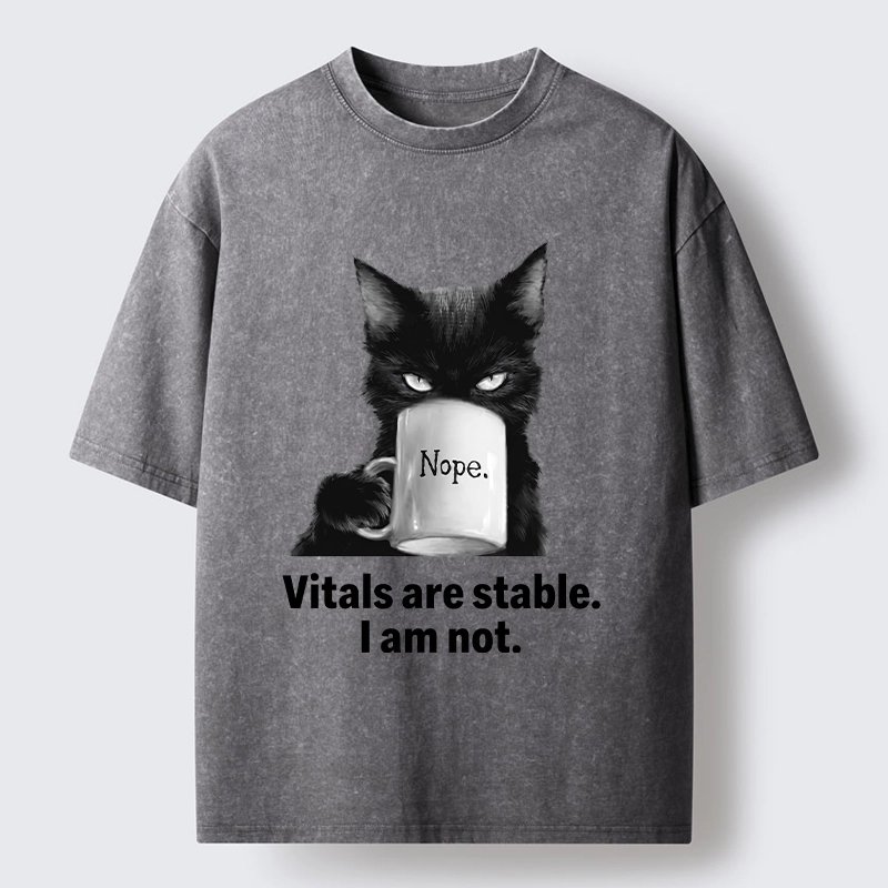 Tokyo-Tiger Grumpy Black Cat Coffee Meme Washed T-Shirt