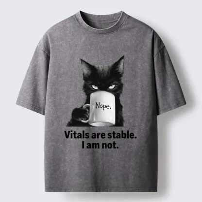 Tokyo-Tiger Grumpy Black Cat Coffee Meme Washed T-Shirt