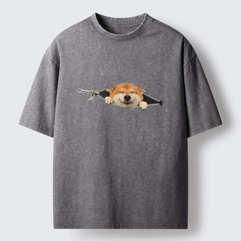 Tokyo-Tiger Cute Shiba Dog In Zipper Washed T-Shirt