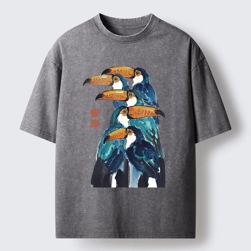 Tokyo-Tiger Blue Toucans Watercolor Washed T-Shirt