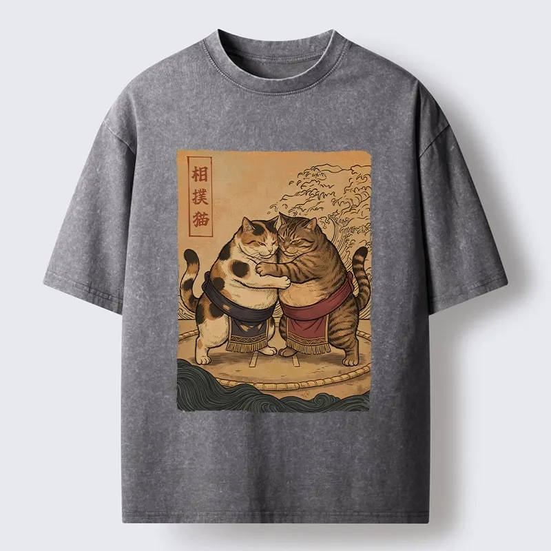 Tokyo-Tiger Sumo Cats Ready To Fight Washed T-Shirt