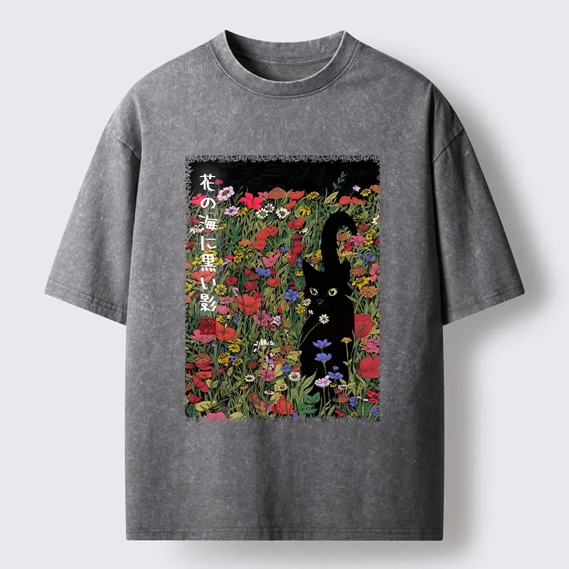 Tokyo-Tiger Black Cat Hiding In Flower Sea Washed T-Shirt