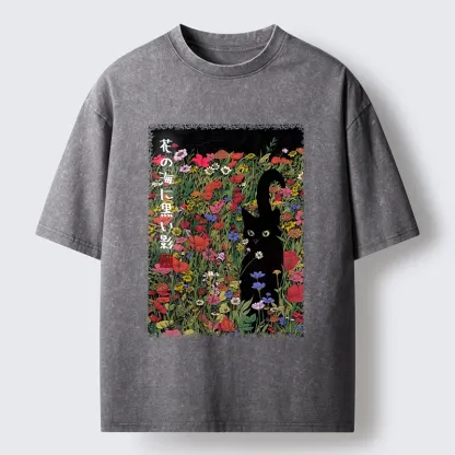 Tokyo-Tiger Black Cat Hiding In Flower Sea Washed T-Shirt