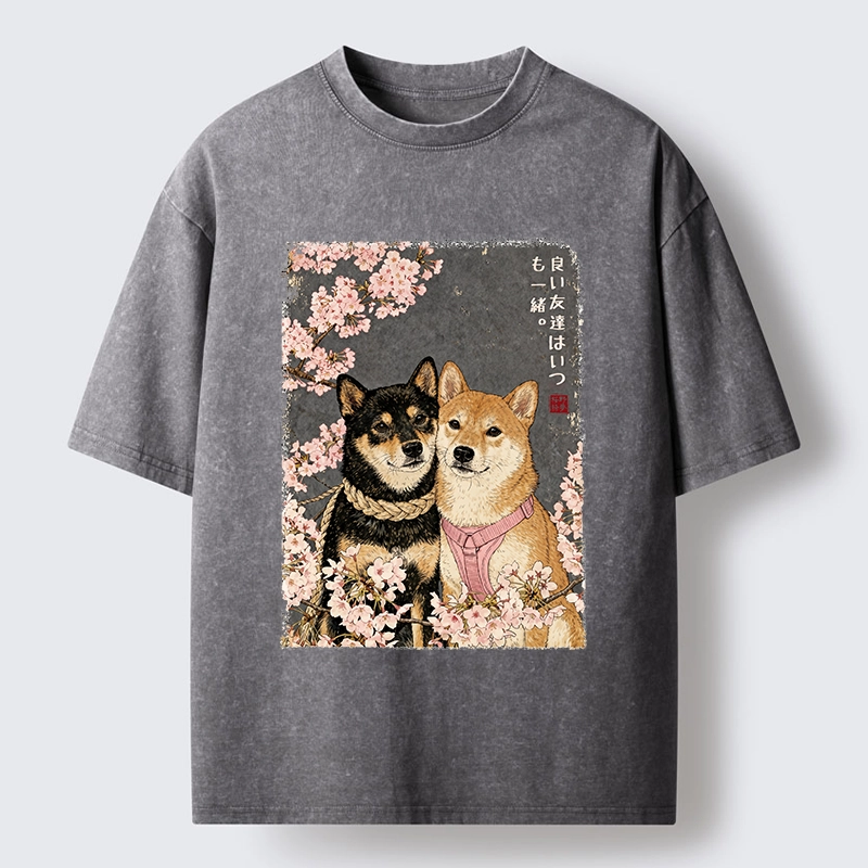 Tokyo-Tiger Two Shibas And Sakura Flowers Washed T-Shirt