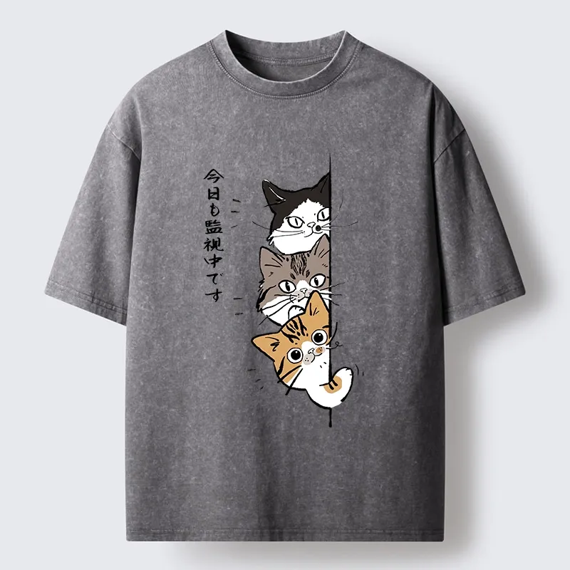 Tokyo-Tiger Funny Cat Surveillance Squad Washed T-Shirt